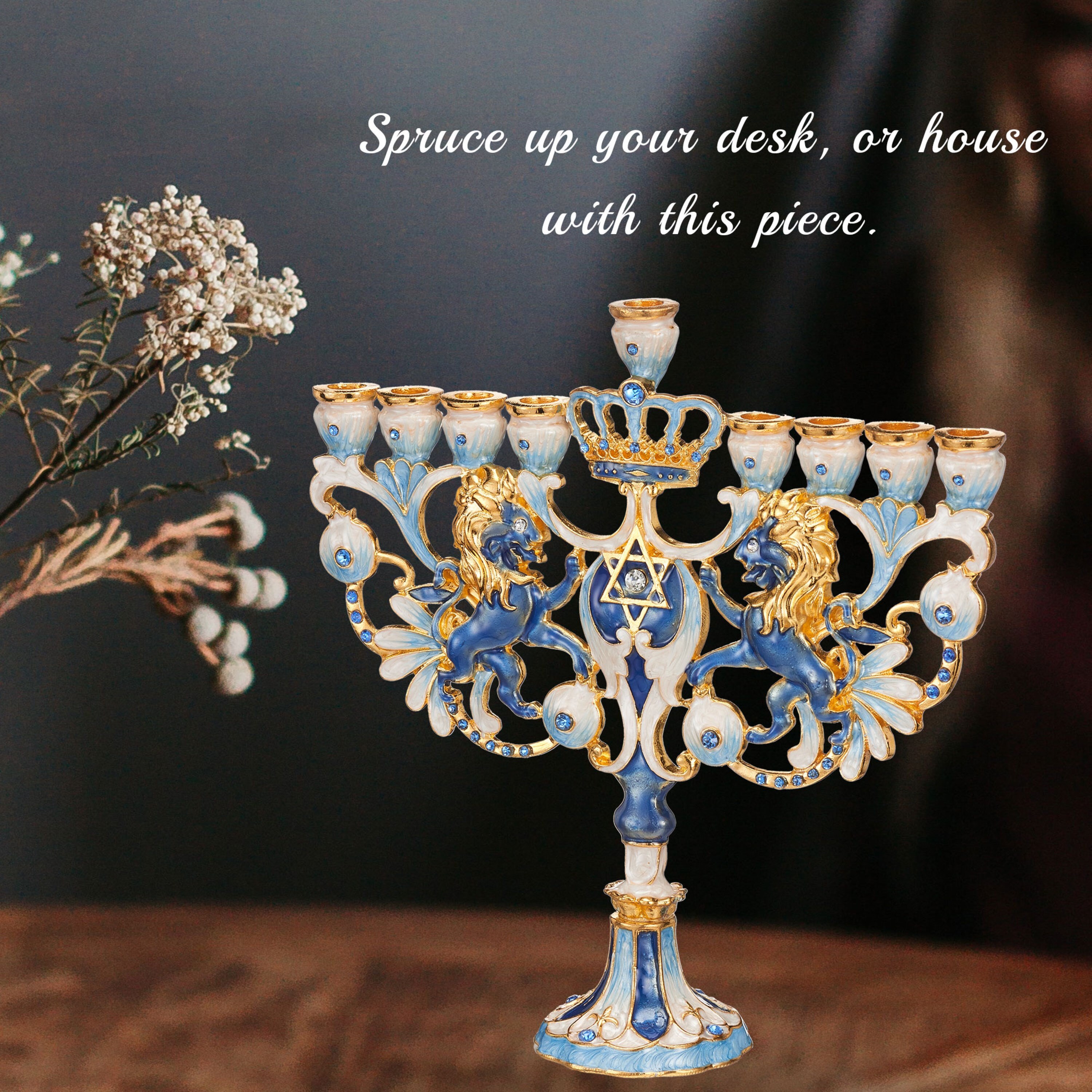 Matashi Hand Painted Blue And Ivory Flower Menorah Candelabra, W/ Gold