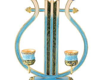 Hand-Painted Shabbat Candlesticks Oil Candle Holders Displays 2 Candles w/ Matashi Crystals, Vintage Harp Decor Shabbat Decor Holiday Gift