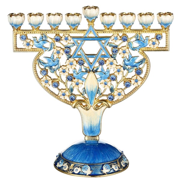 Handmade Enamel Menorah Candelabra with Doves & Flowers Design with Gold Accents, Crystals Jewish Candle Holder Hanukkah Gift