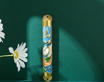 Handmade Gold Enamel 6" Mezuzah w Hebrew Shin Home Door Decor Jewish Holiday House Blessing Gift for Holiday Festival