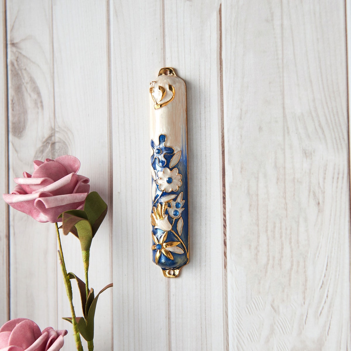 Handmade 5 Blue and Ivory Enamel Flower Mezuzah Embellished With Gold Accents Crystals Jewish Holiday Decor - Etsy