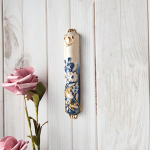 Handmade  5" Blue and Ivory Enamel Flower Mezuzah Embellished with Gold Accents Crystals Jewish Holiday Decor