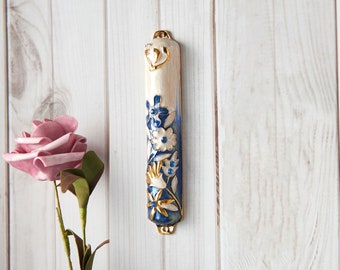 Handmade  5" Blue and Ivory Enamel Flower Mezuzah Embellished with Gold Accents Crystals Jewish Holiday Decor