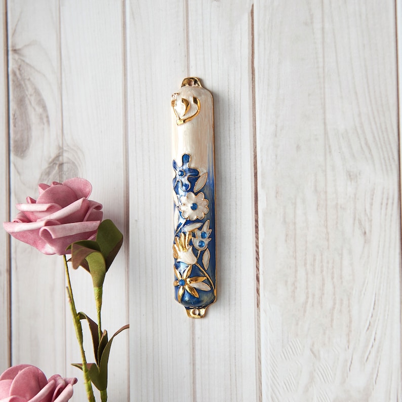 Handmade 5 Blue and Ivory Enamel Flower Mezuzah Embellished with Gold Accents Crystals Jewish Holiday Decor image 1