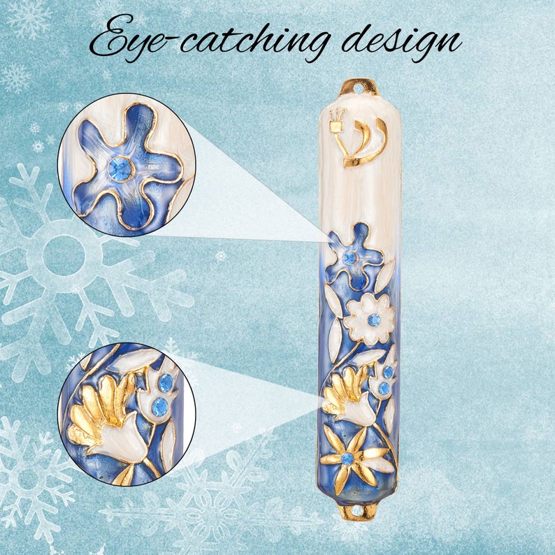 Handmade 5 Blue and Ivory Enamel Flower Mezuzah Embellished with Gold Accents Crystals Jewish Holiday Decor image 3
