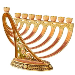 Handmade Enamel Menorah Candelabra w Deep Earthy Colors, Modern Flow Design w/ Gold Accents, Crystals Jewish Candle Holder