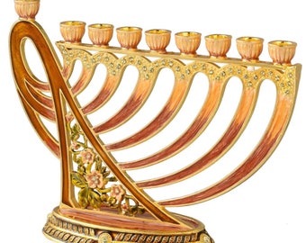 Handmade Enamel Menorah Candelabra w Deep Earthy Colors, Modern Flow Design w/ Gold Accents, Crystals Jewish Candle Holder