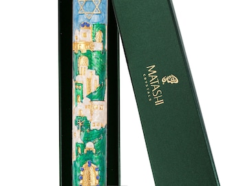 Hand Painted Blue-Ivory Enamel Jerusalem Cityscape Mezuzah w/ Gold Accents & Star of David Crystals Door Decor Gift for Holiday by Matashi