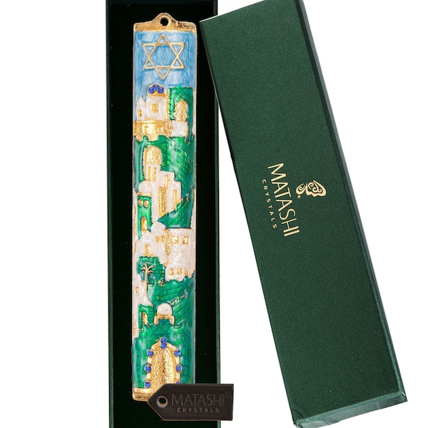Hand Painted Blue-Ivory Enamel Jerusalem Cityscape Mezuzah w/ Gold Accents & Star of David Crystals Door Decor Gift for Holiday by Matashi