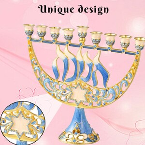 Handmade Enamel Menorah Candelabra w/ a Star of David & Hanukkah Design w/ Gold Accents, Crystals Jewish Candle Holder Gift