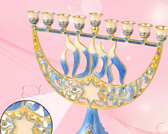 Handmade Enamel Menorah Candelabra w/ a Star of David & Hanukkah Design w/ Gold Accents, Crystals Jewish Candle Holder Gift