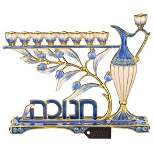 Hand Painted Blue Enamel Menorah Candelabra w/ Hebrew Hanukkah Design w/ Gold Accents Crystals Jewish Candle Holder Hanukkah Gift by Matashi