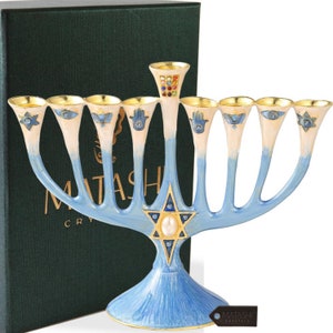 Hand Painted Enamel Menorah Candelabra with a Star of David Design w/ Gold Accents, Crystals Jewish Candle Holder Hanukkah Gift by Matashi