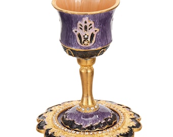Handmade Enamel Kiddush Cup Set and Tray w Crystals and Hamsa Design for Weddings Shabbat Havdalah Passover Goblet Judaica Gift