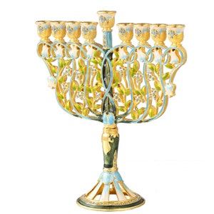 Handmade Enamel Menorah Candelabra w/ an Intertwining Flowers Design Gold Accents, Blue Crystals, Jewish Hanukkah Gift