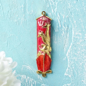 Handmade Red Enamel Noah&#39;s Ark Mezuzah w Gold Accents, Crystals Home Door Decor Holiday Gift Housewarming House Blessing Gift