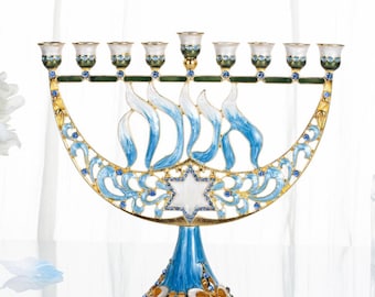 Handmade Enamel Menorah Candelabra w/ Star of David and Hebrew Hanukkah Design w/ Gold Accents, Crystals Jewish Hanukkah Gift