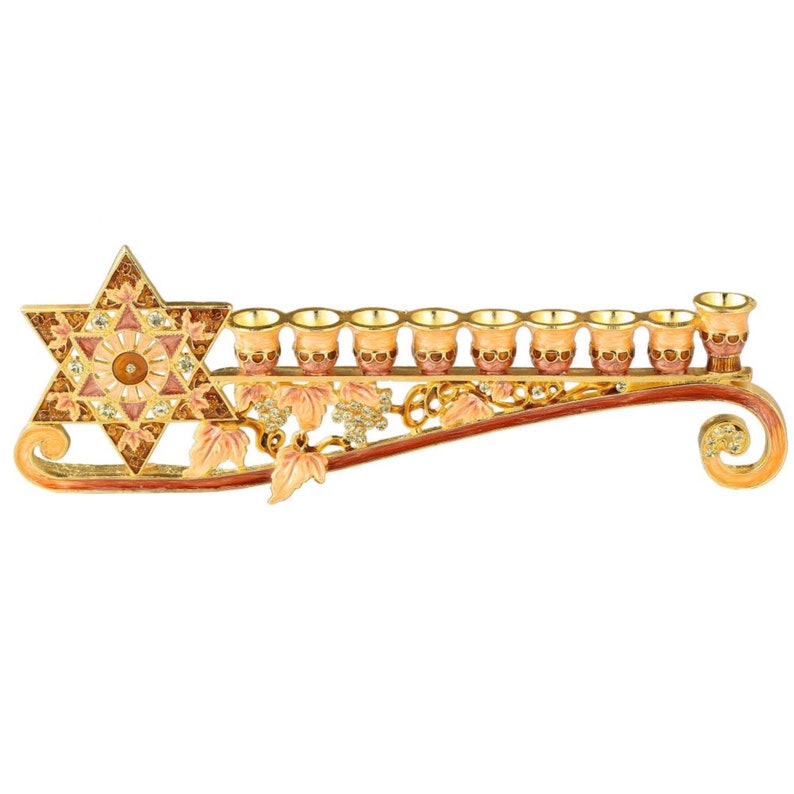 Hand Painted Enamel Menorah Candelabra w/ a Star of David Design w/ Gold Accents, Crystals Jewish Holiday Gift 9.25 Long by Matashi image 2
