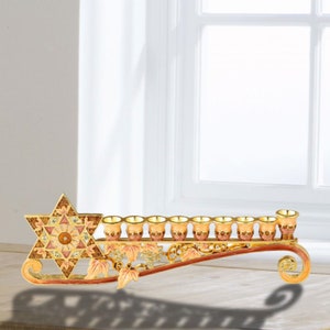 Hand Painted Enamel Menorah Candelabra w/ a Star of David Design w/ Gold Accents, Crystals Jewish Holiday Gift 9.25 Long by Matashi image 3