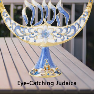 Handmade Enamel Menorah Candelabra w/ Flower & Hanukkah Design w/ Gold Accents, Crystals Jewish Candle Holder Hanukkah Gift
