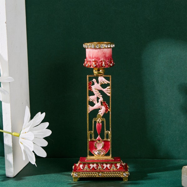 Handmade Shabbat Candlestick Holder (2-Piece Set) Gold-Plated  Tall Vintage Craftsmanship Adorned w Doves (Red)