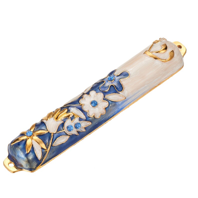Handmade 5 Blue and Ivory Enamel Flower Mezuzah Embellished with Gold Accents Crystals Jewish Holiday Decor image 2