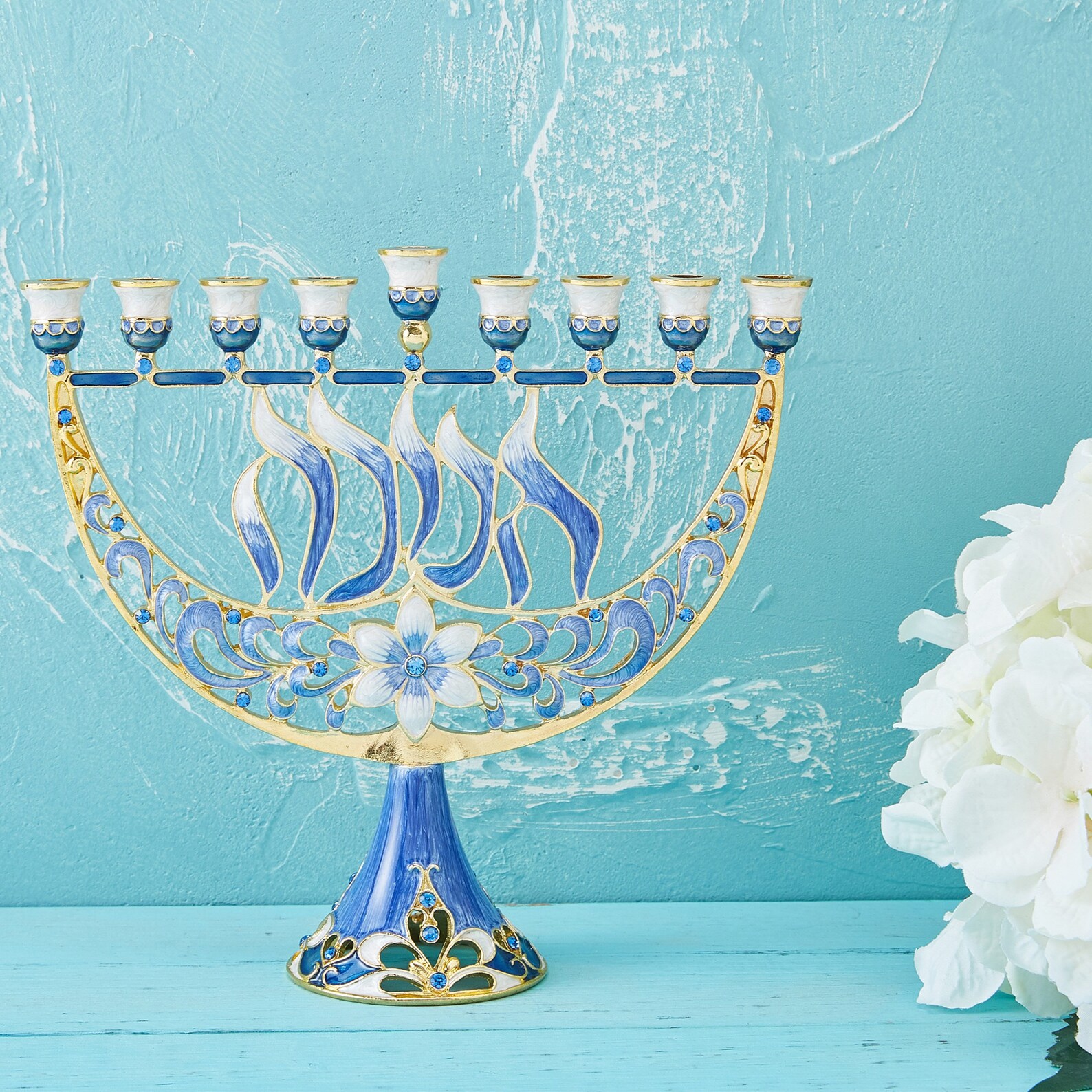 Hand Painted Enamel Menorah Candelabra W/ Flower & Hanukkah Etsy