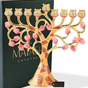 Hand Painted Enamel Menorah Candelabra w Intertwining Pomegranate Design w Gold Accents, Crystals Jewish Candle Holder Hanukkah Gift