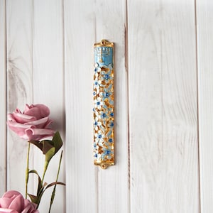 Handmade Blue & Ivory Enamel Flower Mezuzah with Gold Accents and Menorah Design Crystals Home Door Decor Housewarming Present