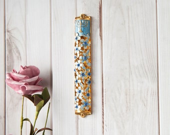 Handmade Blue & Ivory Enamel Flower Mezuzah with Gold Accents and Menorah Design Crystals Home Door Decor Housewarming Present