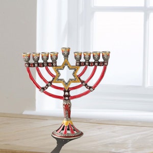 Handmade Enamel Menorah Candelabra w/ a Star of David Design w/ Gold Accents and Crystals Jewish Candle Holder Hanukkah Gift