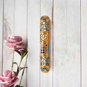 Handmade  6" Enamel Mezuzah Embellished with Multi Colored Crystals and a Floral Design with Gold Accents and Crystals