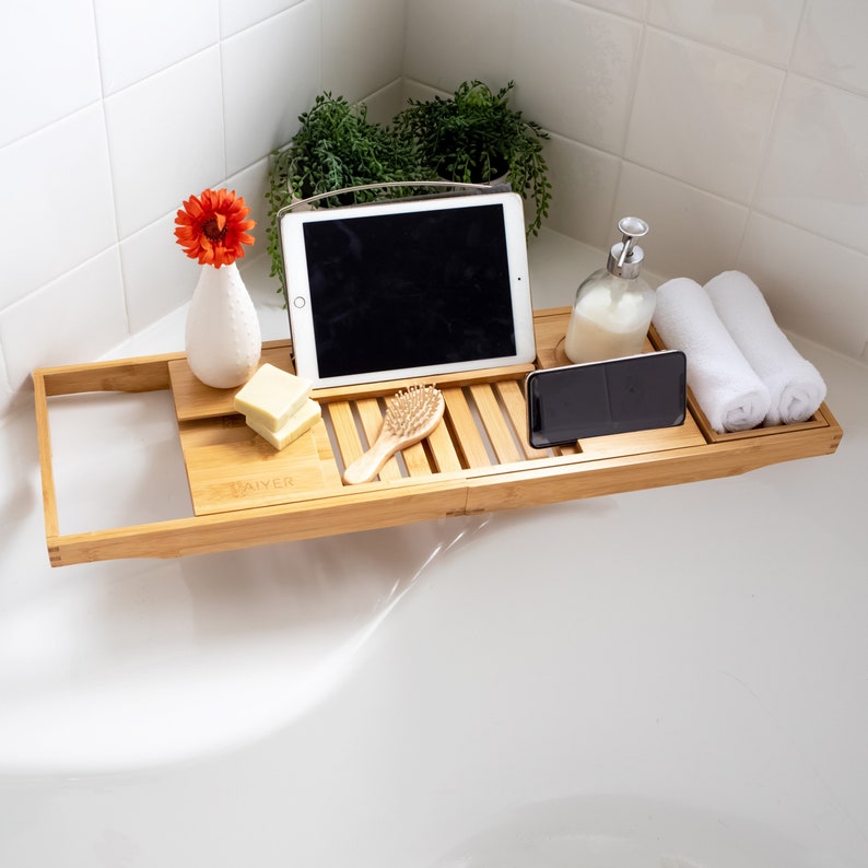 Vaiyer Bamboo Bathtub Tray Caddy Wooden Bath Tray Table with image 1