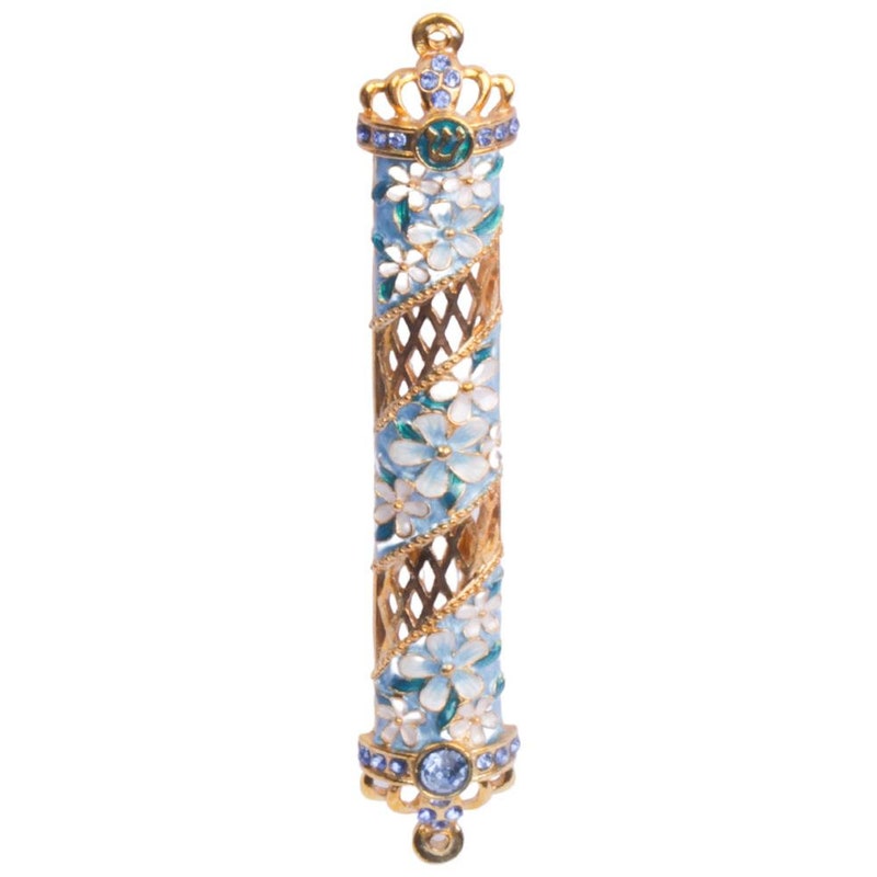 Holy Land Market Gold Plated Mezuzah With Enameled Stones & Scroll – Large, Israel