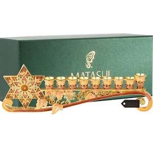 Hand Painted Enamel Menorah Candelabra w/ a Star of David Design w/ Gold Accents, Crystals Jewish Holiday Gift (9.25&quot; Long) by Matashi