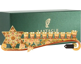 Hand Painted Enamel Menorah Candelabra w/ a Star of David Design w/ Gold Accents, Crystals Jewish Holiday Gift (9.25" Long) by Matashi