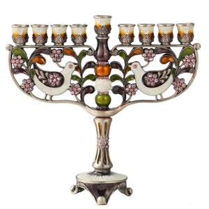 Handmade Enamel Menorah Candelabra w/ a Doves and Flower Design w/ Gold Accents and Crystals Jewish Candle Holder Hanukkah Gift