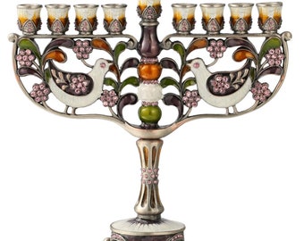 Handmade Enamel Menorah Candelabra w/ a Doves and Flower Design w/ Gold Accents and Crystals Jewish Candle Holder Hanukkah Gift
