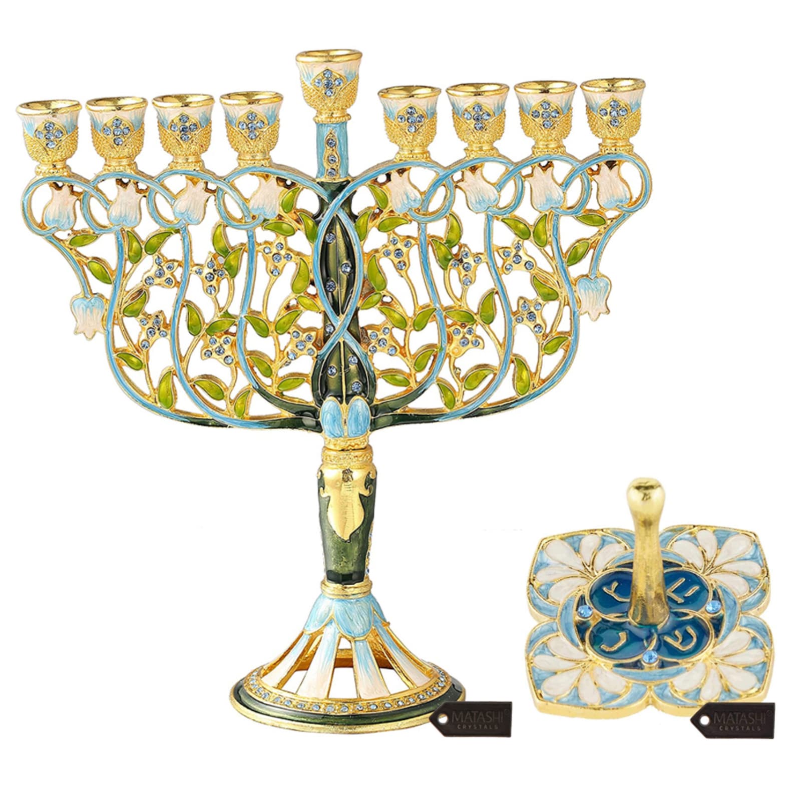 Matashi Hand-Painted Enamel Menorah with Floral Dreidel & Crystals