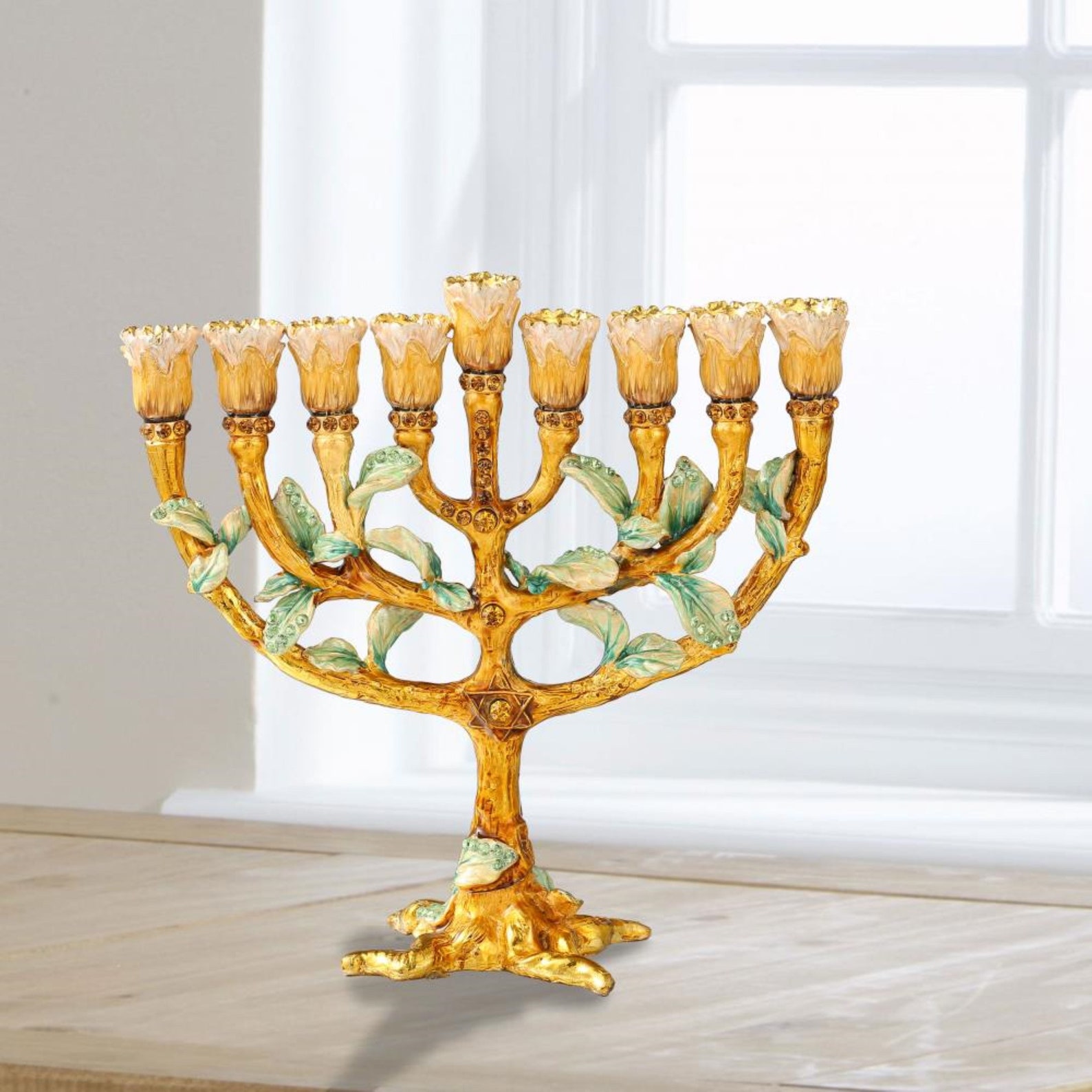 Hand Painted Enamel Menorah Candelabra W/ Tree & Flower Buds Etsy