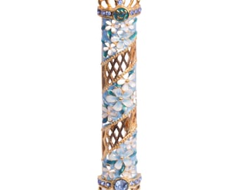 Handmade Turquoise Flower Jeweled Enamel Mezuzah w Gold Accents and Stunning Crystals, Jewish Mezuzah w Scroll for Door, Judaica Gift
