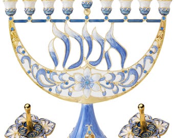 The Dreidel Company Enameled Menorah - Hand-Painted Blue/White/Silver With Jewel Accents