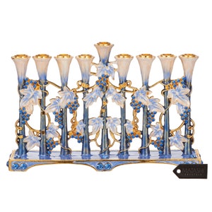 Hand Painted Blue and Ivory Tulip Menorah Candelabra w Gold Accents, Crystals Jewish Candle Holder Hanukkah Gift for Housewarming by Matashi