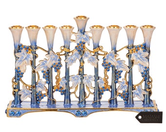 Hand Painted Blue and Ivory Tulip Menorah Candelabra w Gold Accents, Crystals Jewish Candle Holder Hanukkah Gift for Housewarming by Matashi