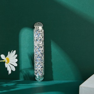 Handmade Enamel 7&quot; Mezuzah w Hebrew Shin & Crystals Home Door Decor Jewish Holiday Gift Housewarming House Blessing Gift