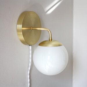 Plug In Wall Sconce Leo Minimalist brass bedside lamp Mid Century Modern Light image 1