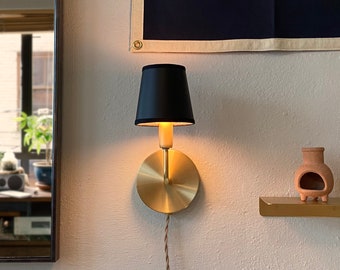 Plug In Wall Sconce • Dean • Brass Wall Lamp with Black Shade