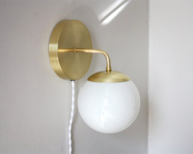 Plug In Wall Sconce Leo Minimalist brass bedside lamp Mid Century Modern Light image 1