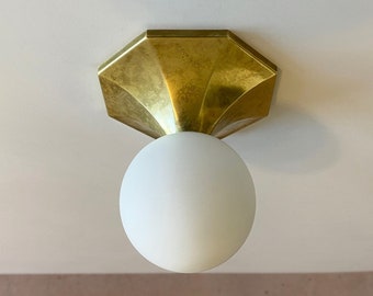 Unlacquered Brass Flush Mount Light • "Bistro Flush" • Art Deco Ceiling Light • Faceted Brass Light Fixture