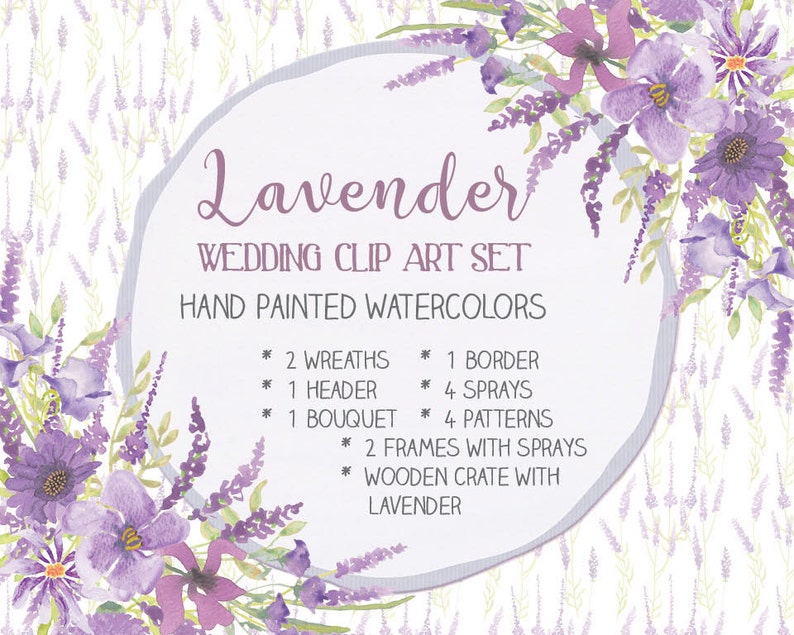 Watercolor wedding clip art set: hand painted Lavender clip | Etsy